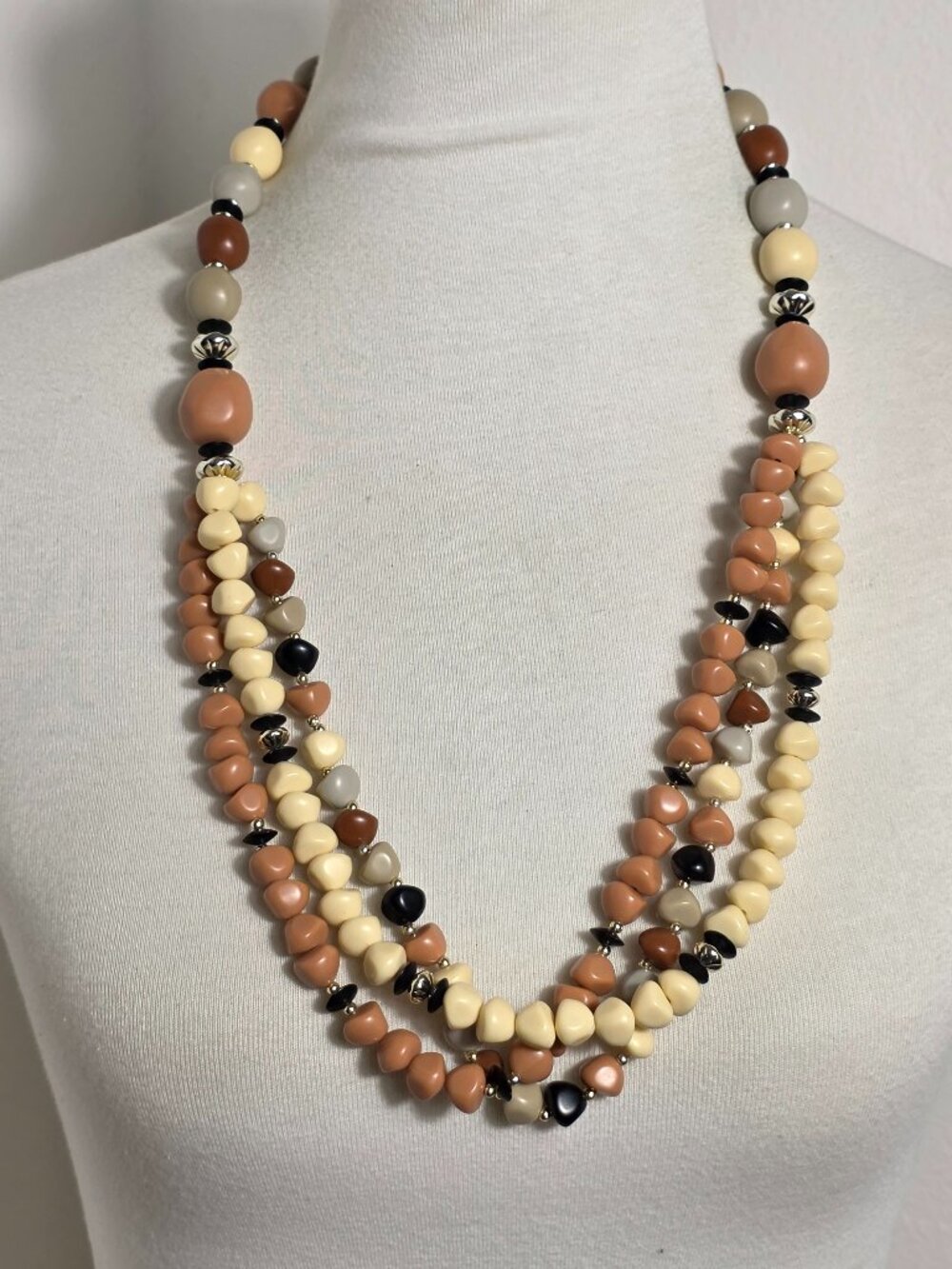 Three-Strand Multi-Layered Beaded Necklace Earth-Tone Colors with Silver Spacers
